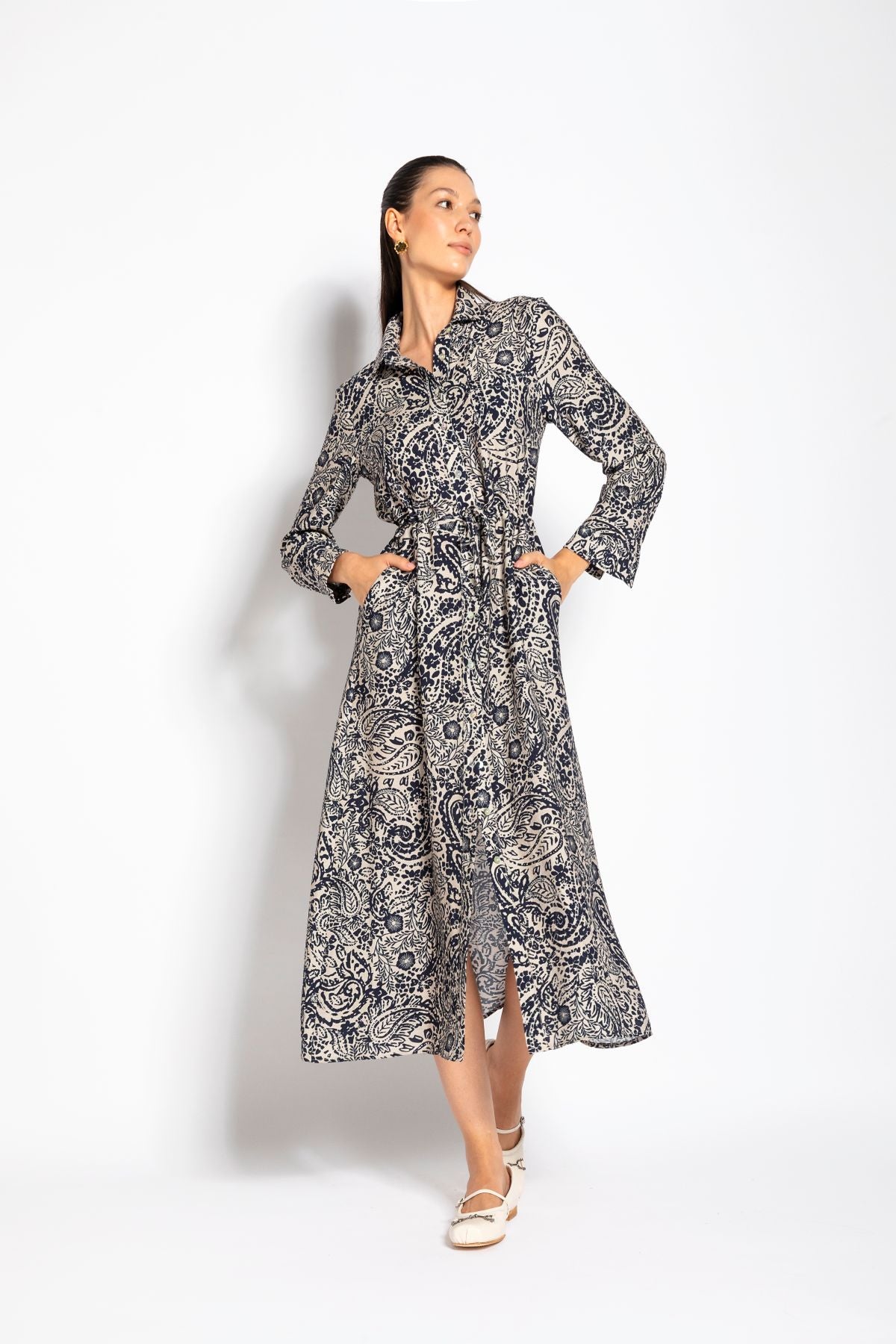 Abito midi chemisier SABBIA/BLU 38