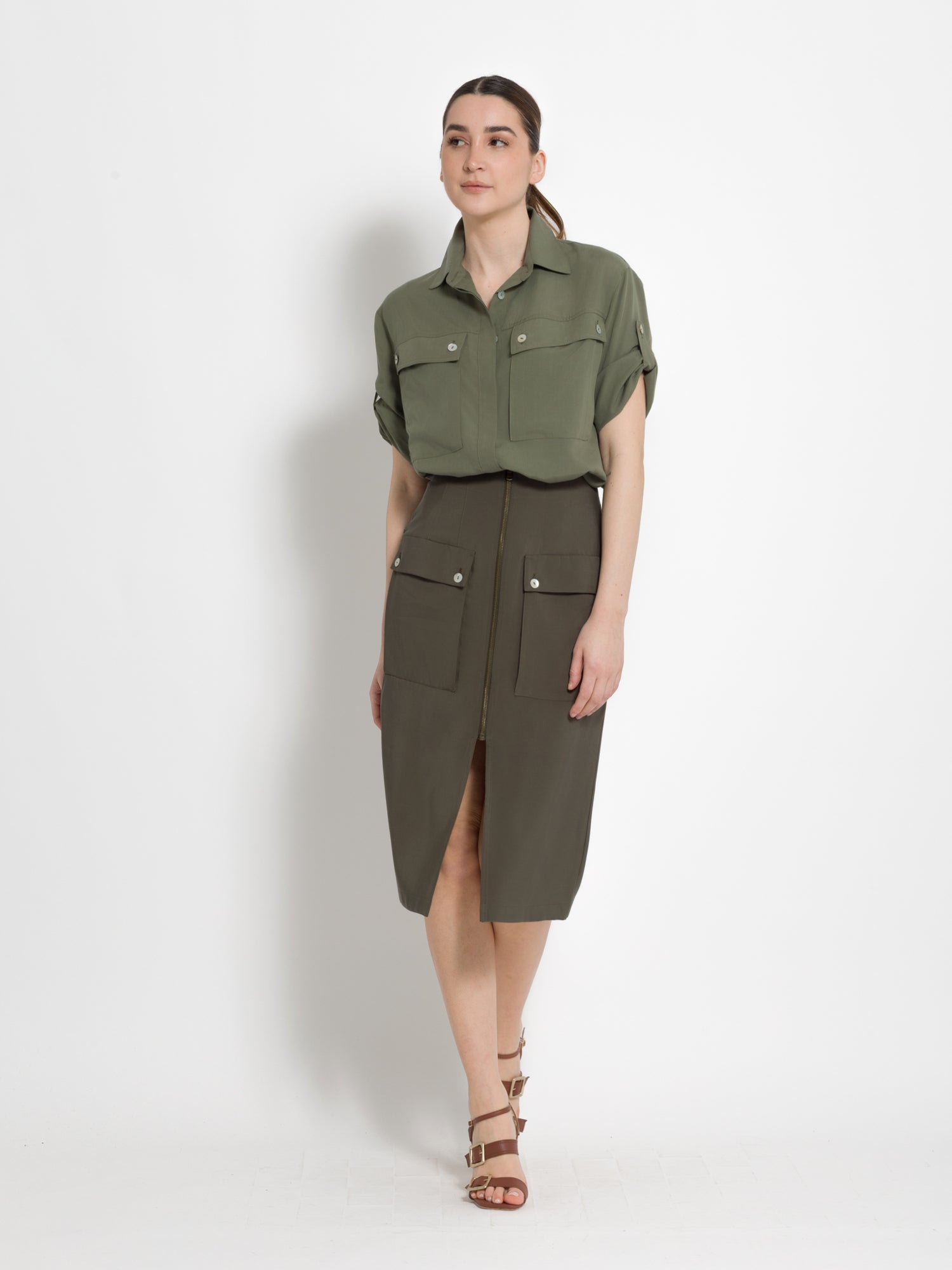 Gonna midi con tasche e zip in tencel | Uncategorized da donna