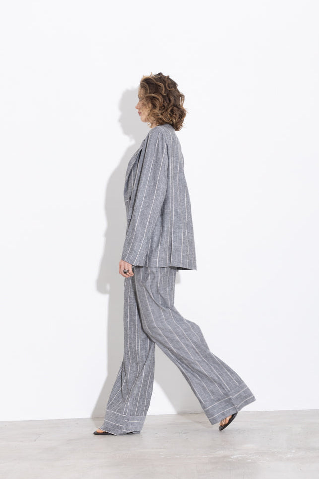 Pantalone gessato in viscosa lino