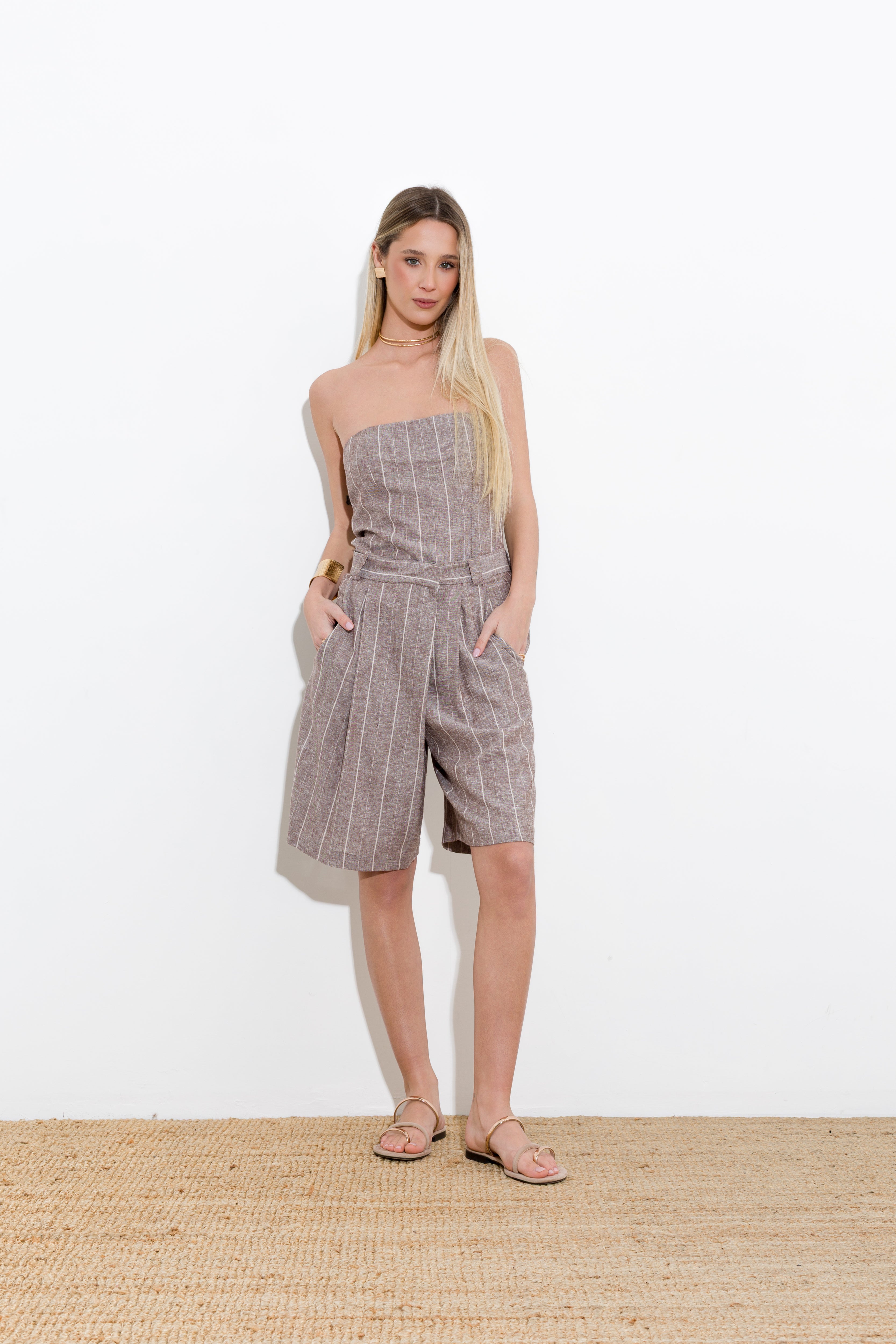 PINSTRIPED BERMUDA SHORTS IN LINEN VISCOSE