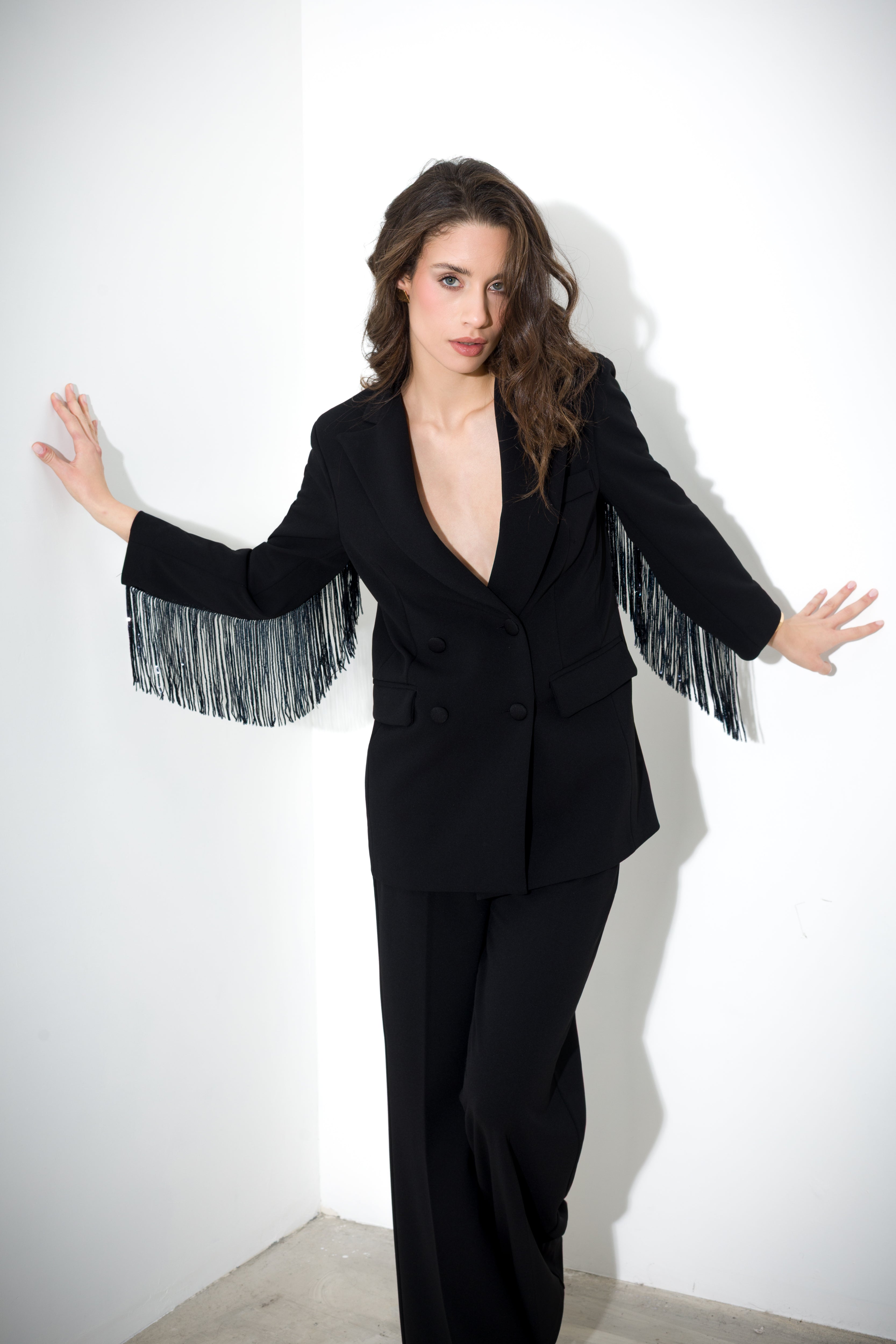 Blazer in scuba crepe con frange paillettes