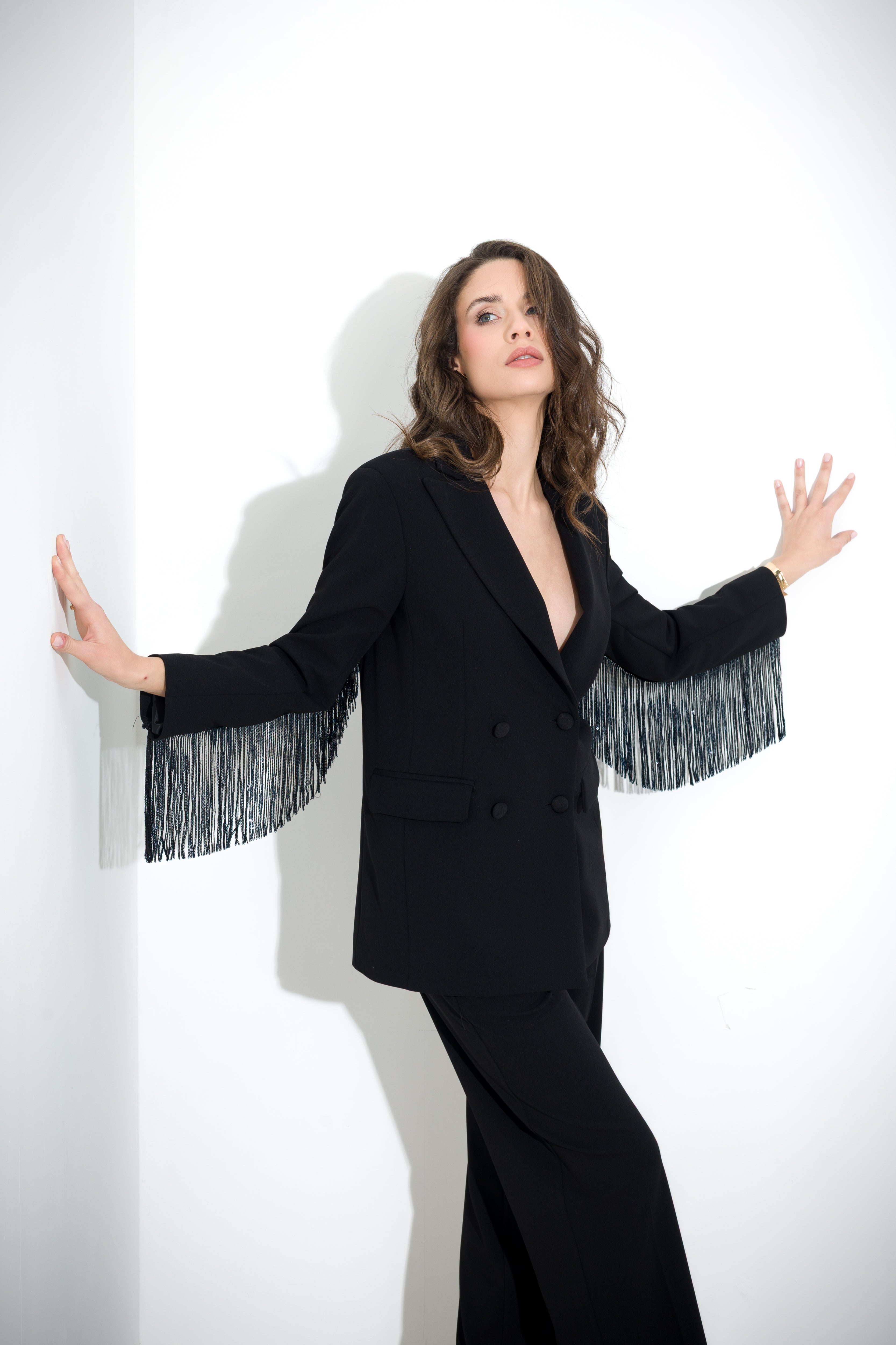 Blazer in scuba crepe con frange paillettes