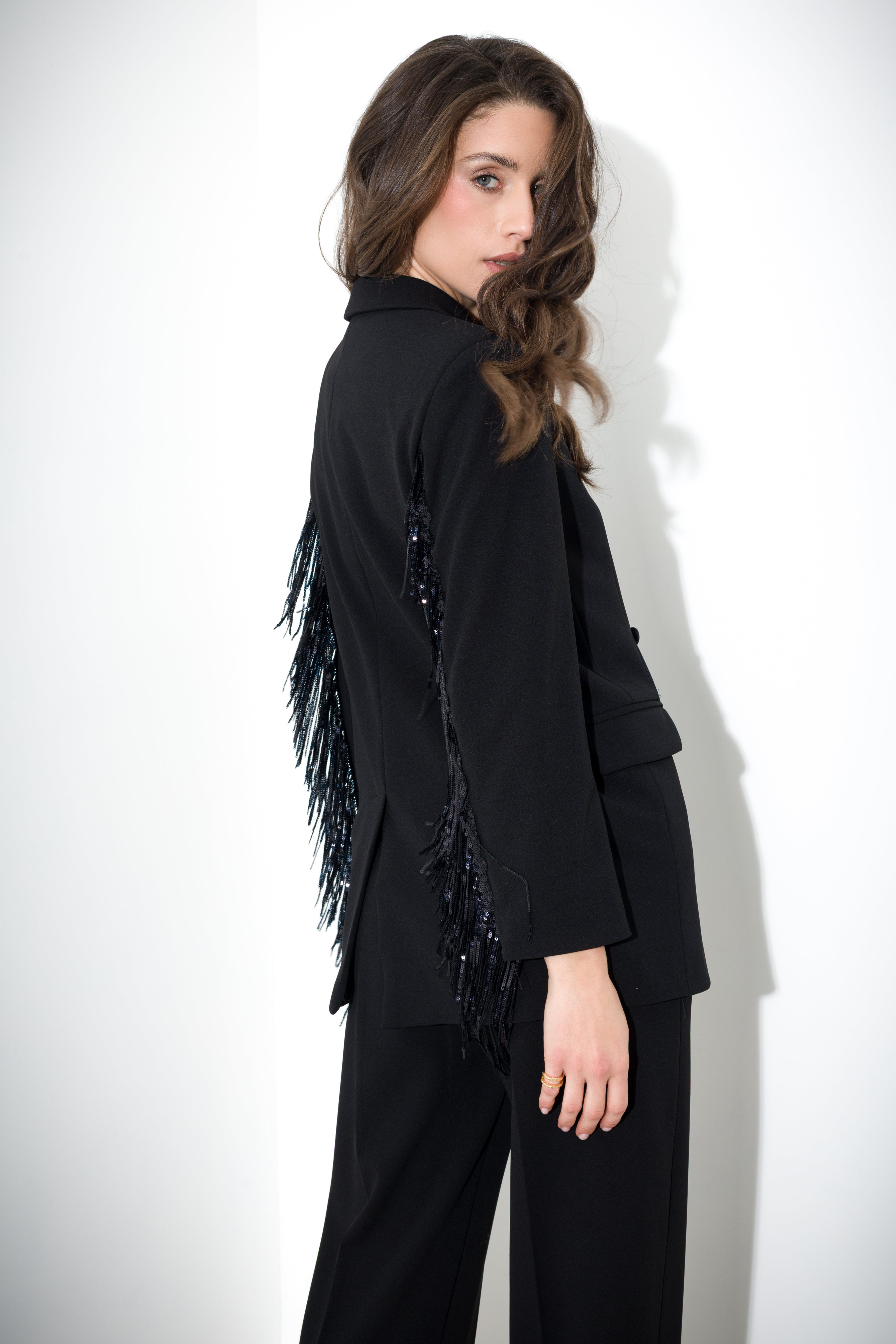 Blazer in scuba crepe con frange paillettes