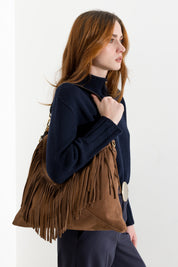 Borsa hobo in camoscio con frange
