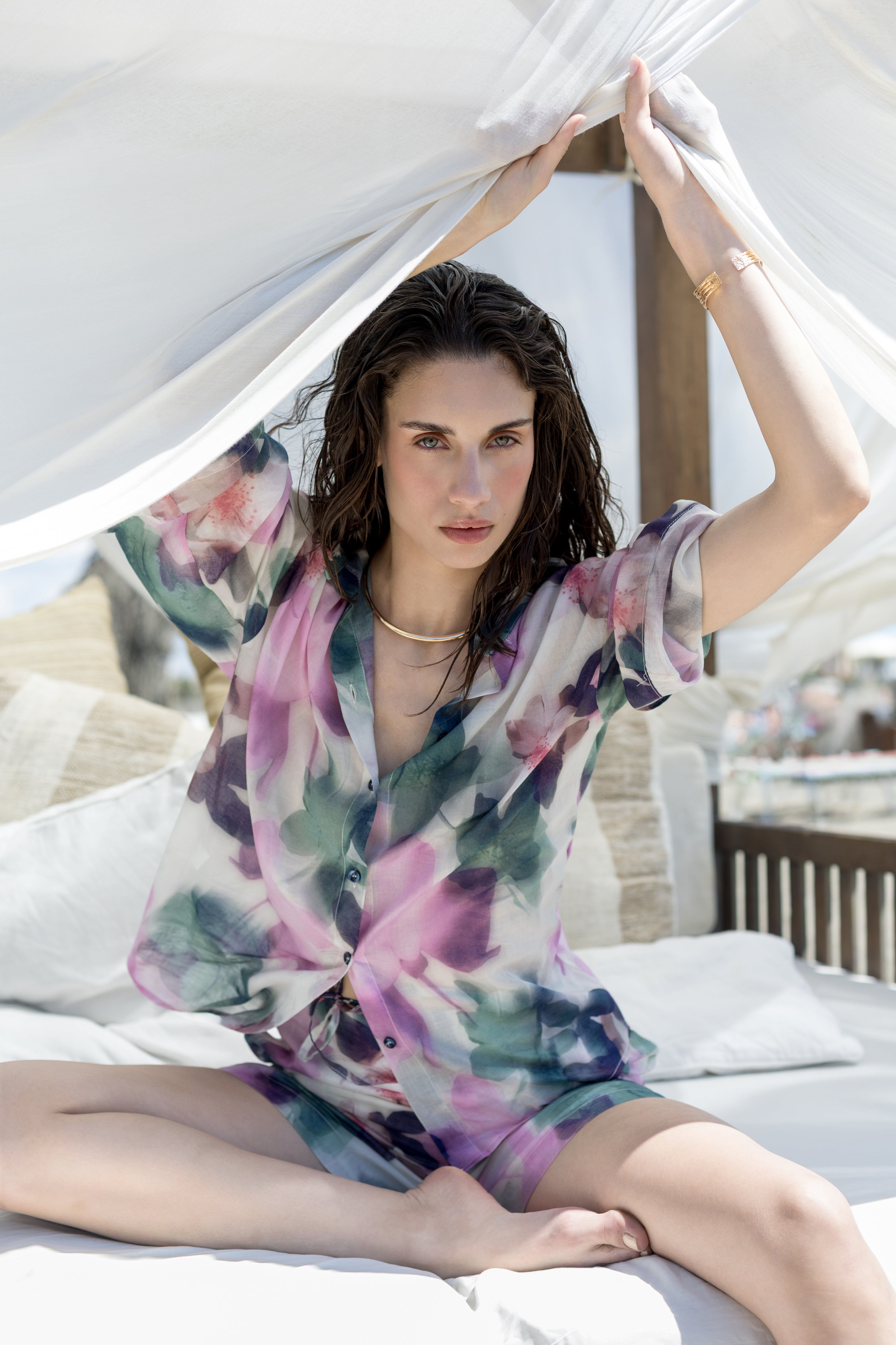 Shorts in mussola di cotone stampa fiore