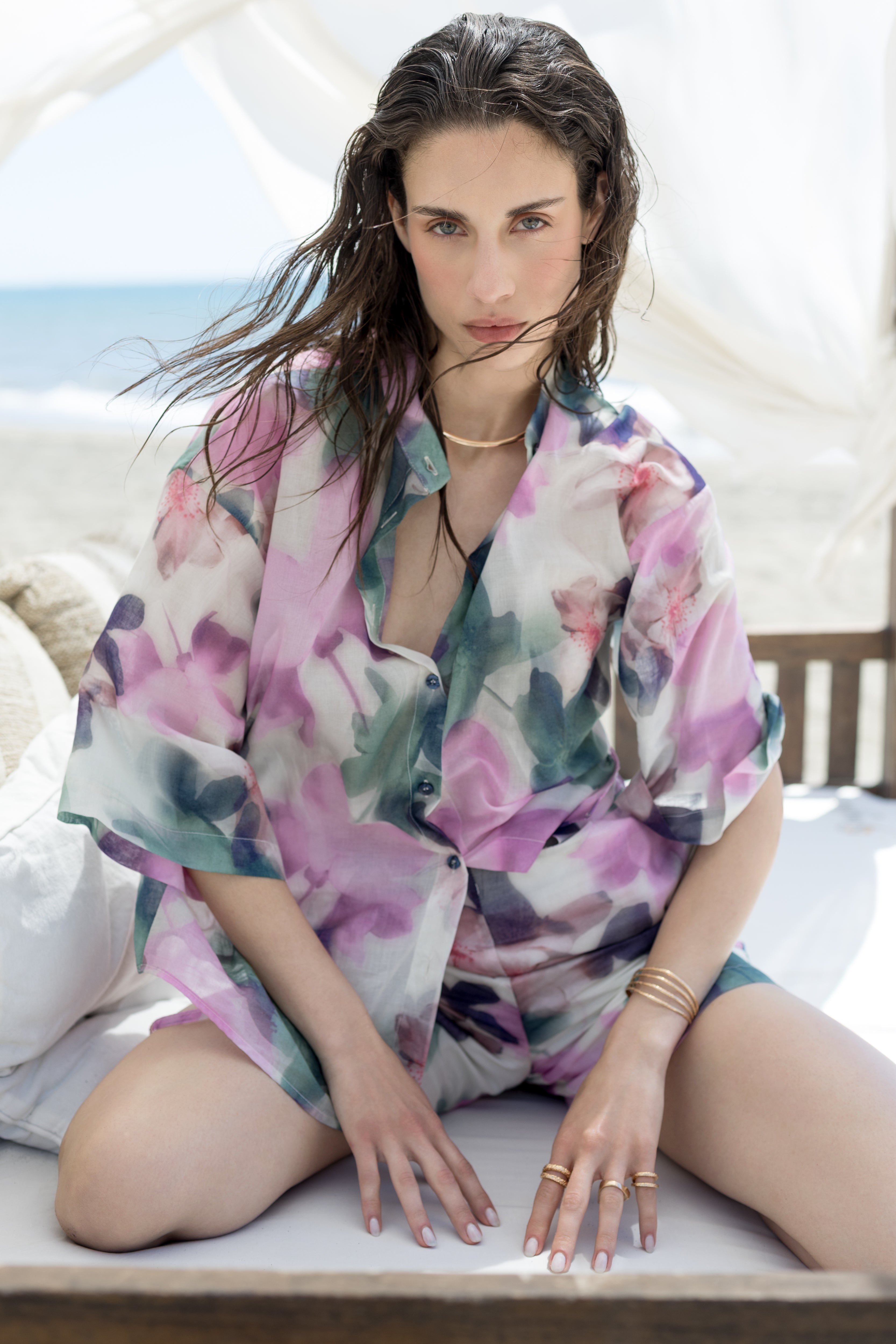 Shorts in mussola di cotone stampa fiore