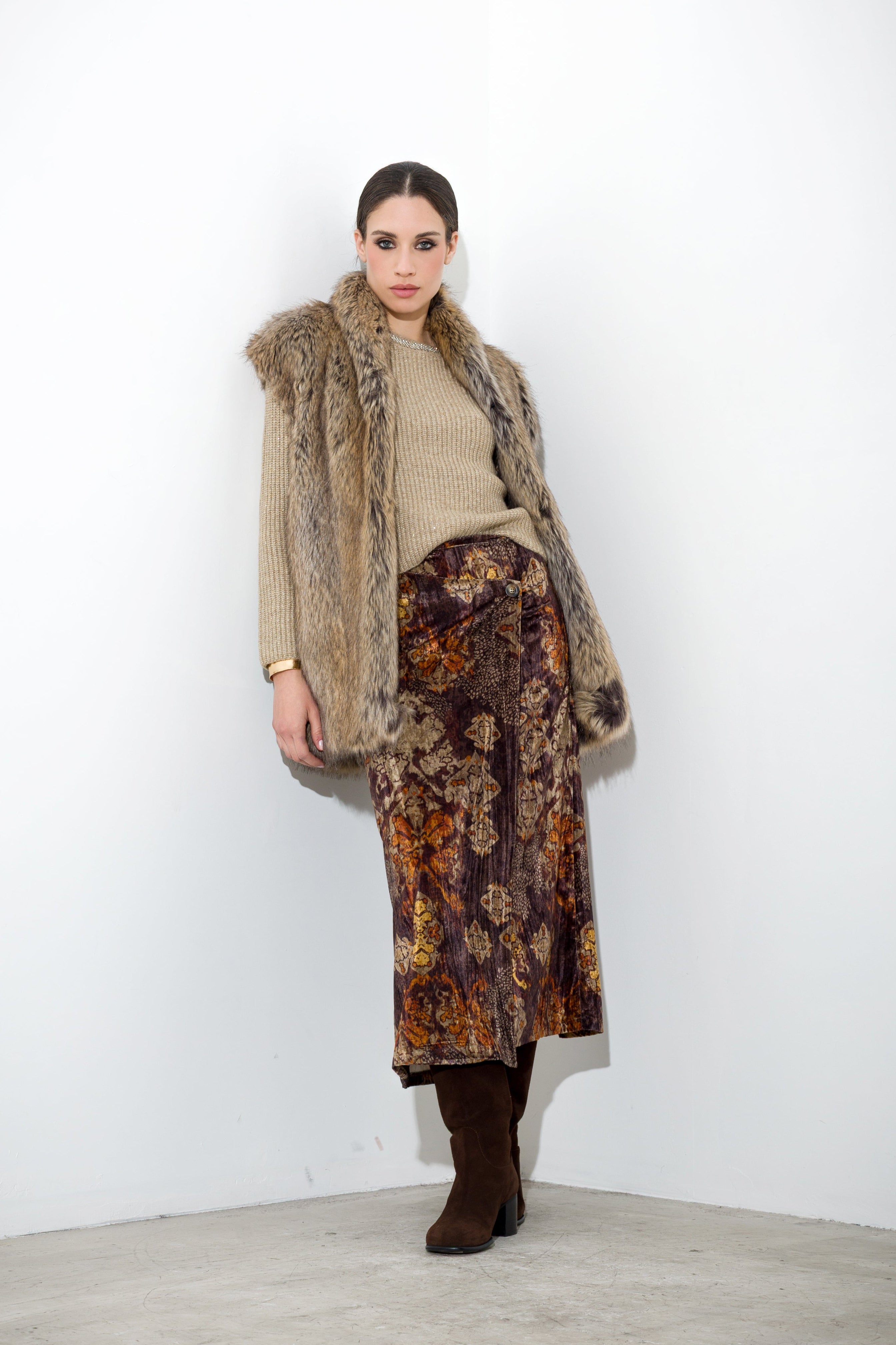 Gonna midi in velluto stampato