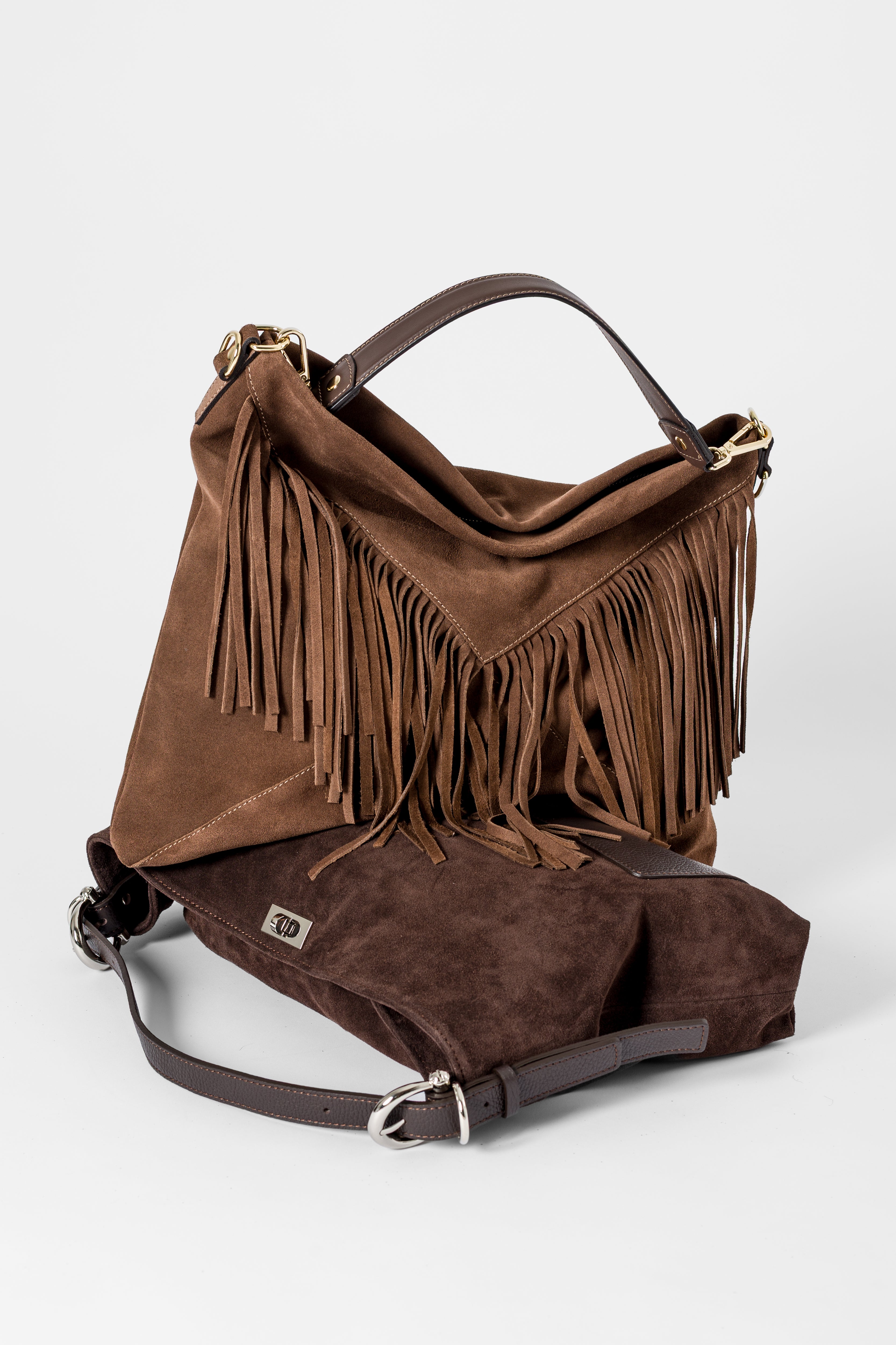 Borsa hobo in camoscio con frange