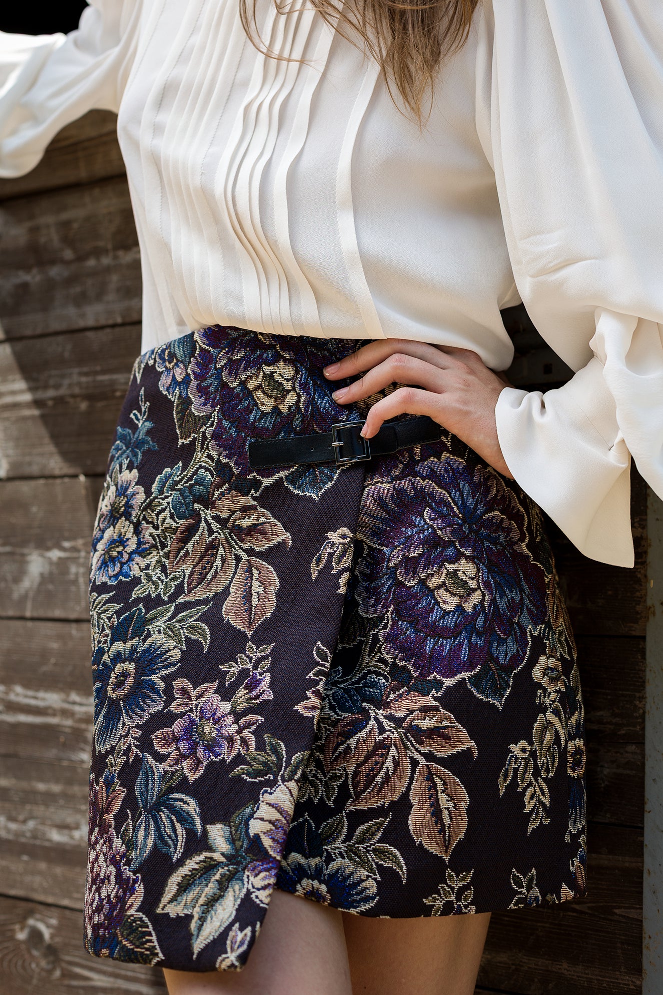 Minigonna a portafoglio in jacquard con cinturino - Minigonna a portafoglio in jacquard con cinturino