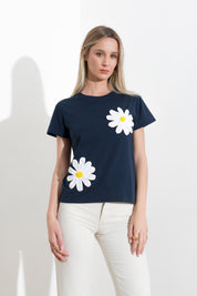 T-shirt in jersy di cotone con margherite applicate - Compagnia Italiana