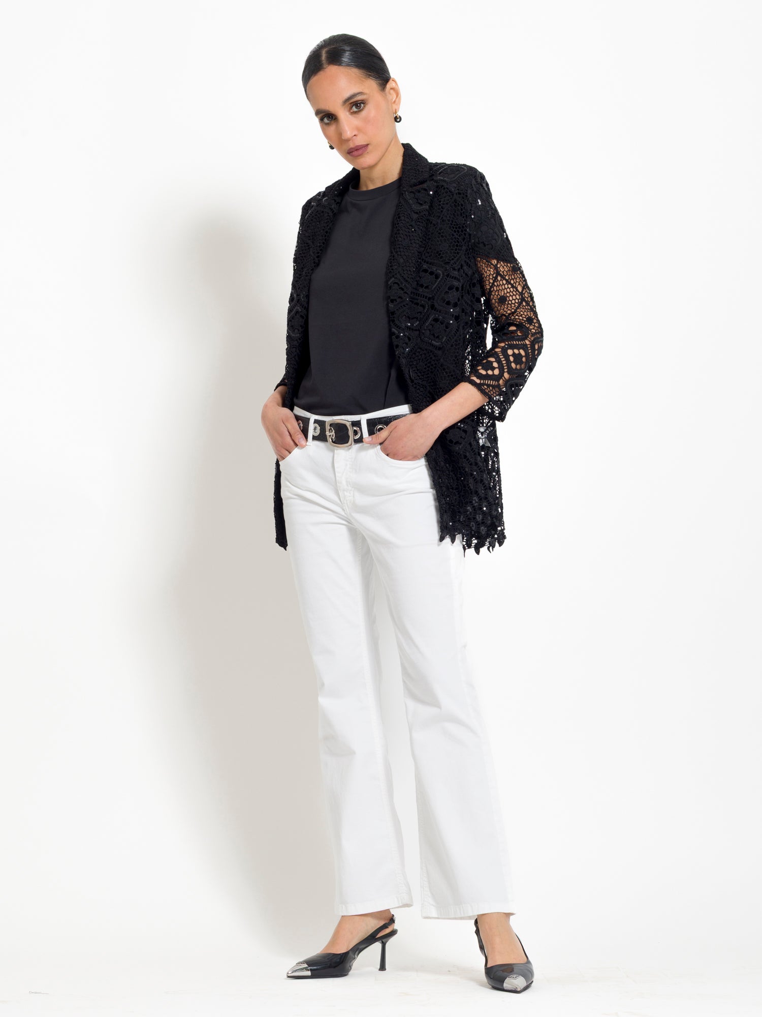 Giacca monopetto in tessuto macrame con paillettes | Uncategorized da donna