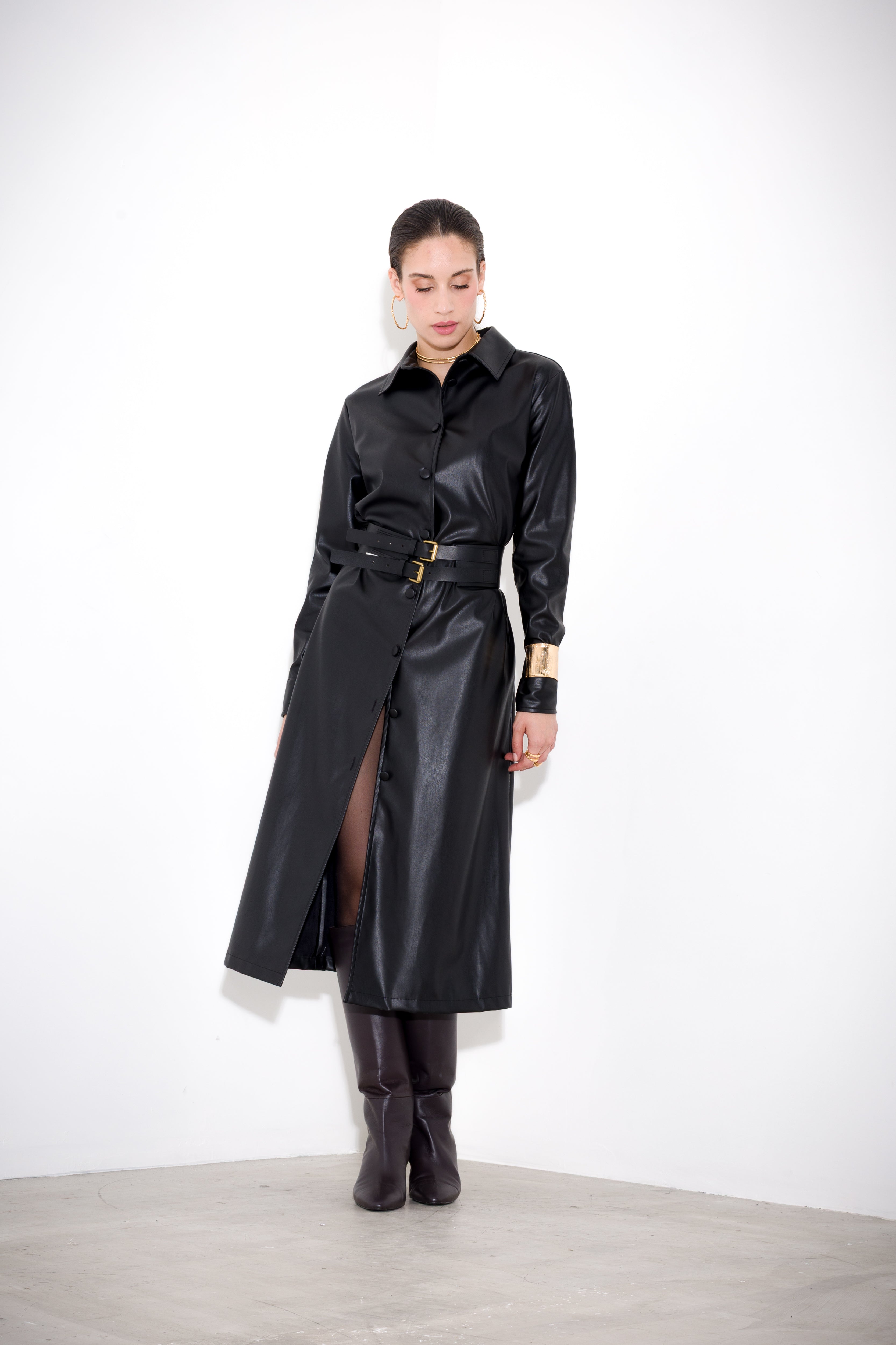 Faux leather shirt dress