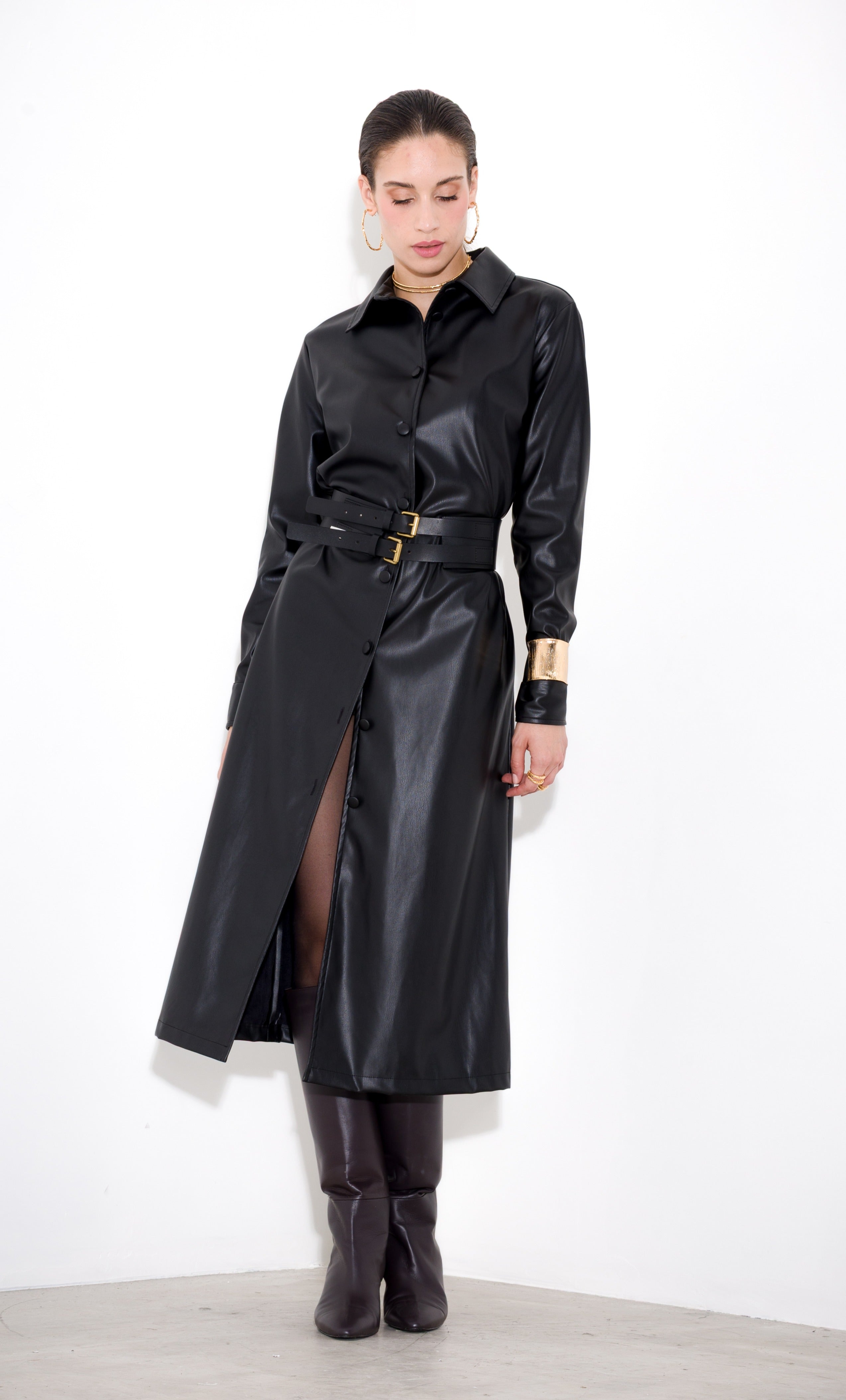 Faux leather shirt dress