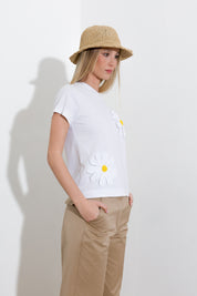 T-shirt in jersy di cotone con margherite applicate - Compagnia Italiana