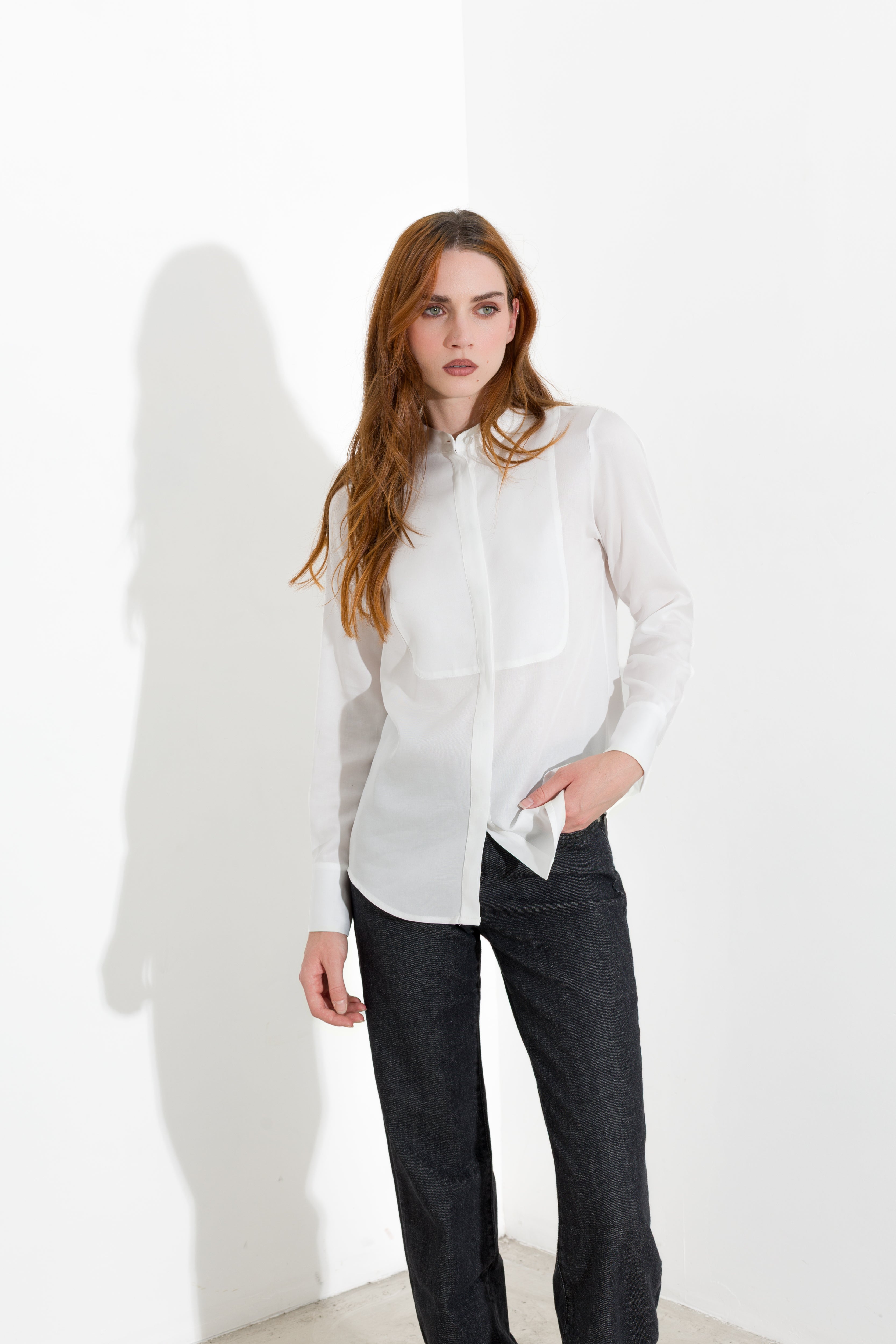 Camicia con collo alla coreana in lyocell
