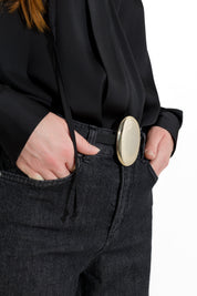 Thin leather belt with gold spherical buckle