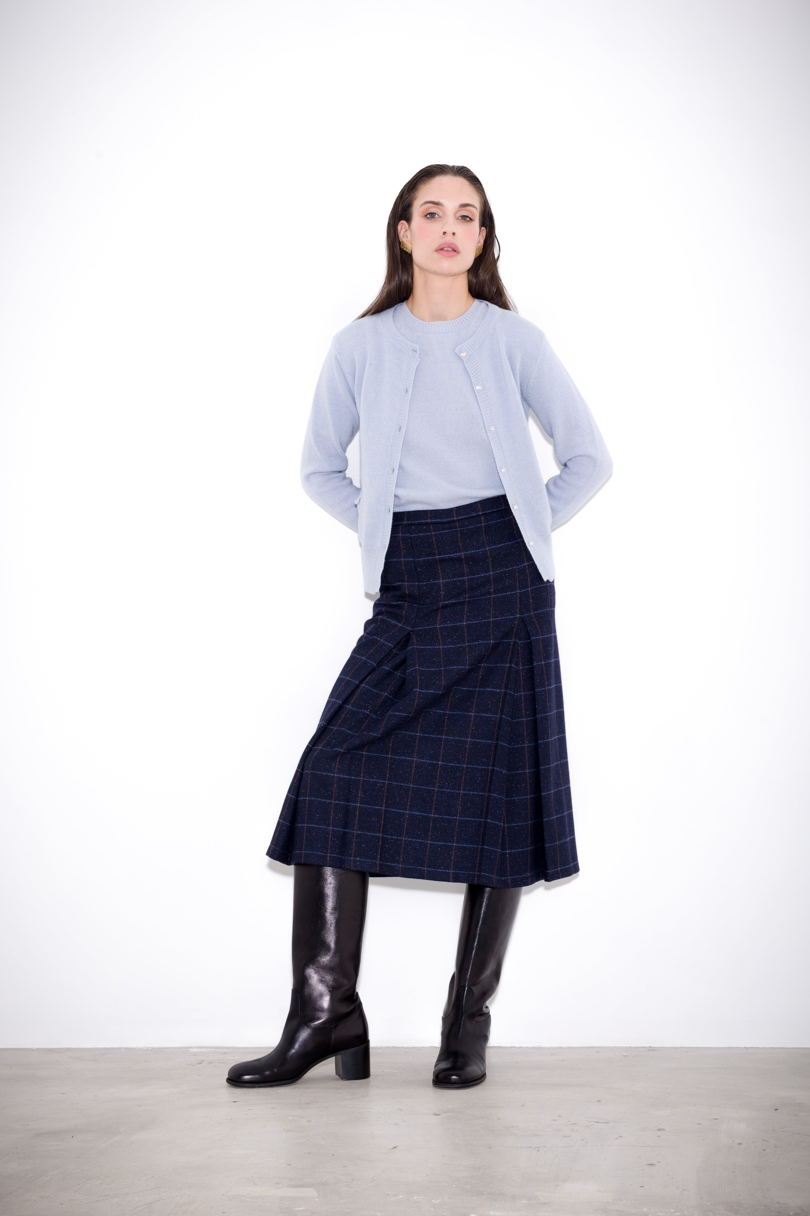 Wool and silk check midi skirt
