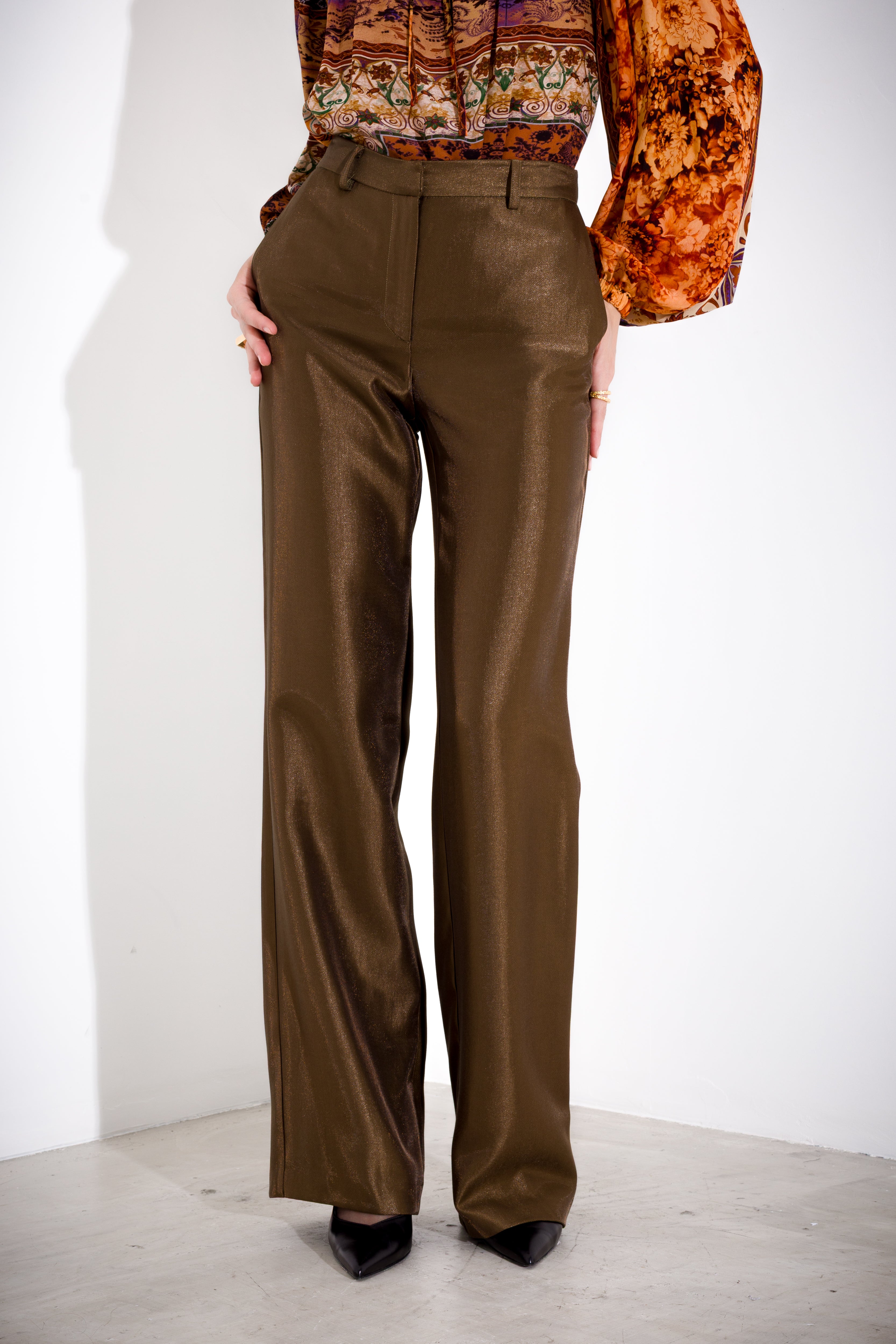 K KULTURE laminated straight leg trousers