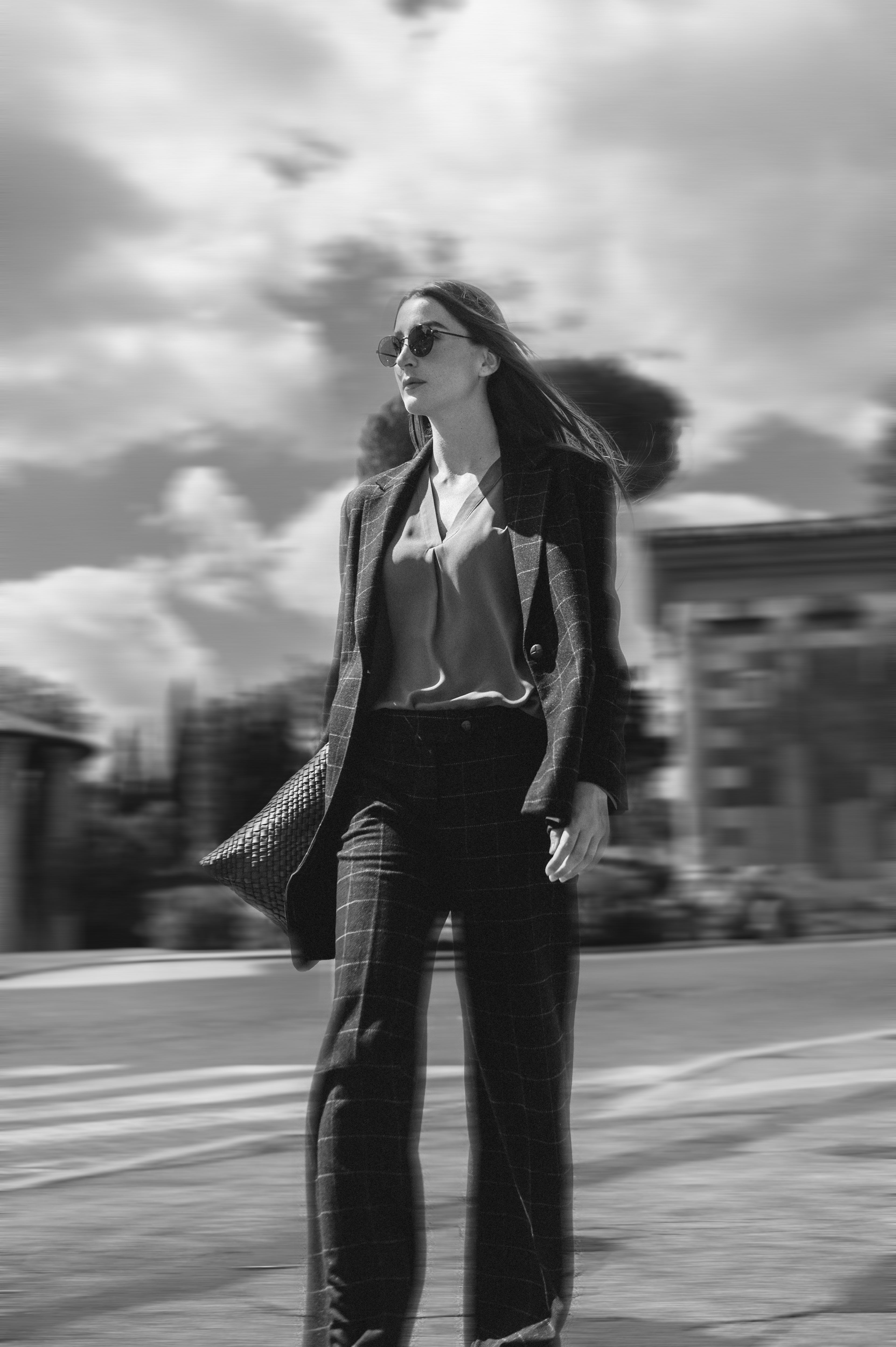 Single-breasted blazer in wool and silk check
