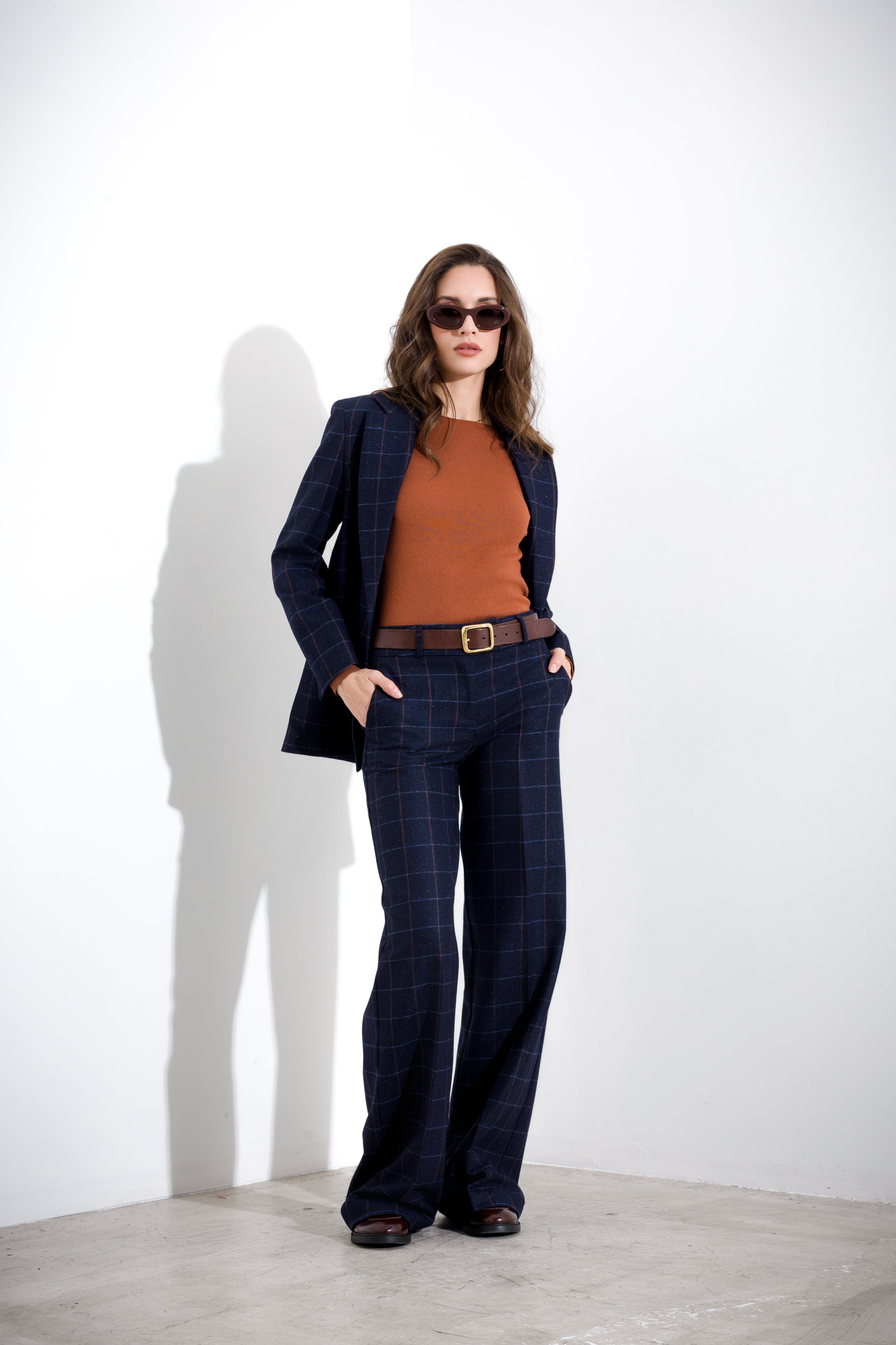 Straight-leg trousers in wool and silk check