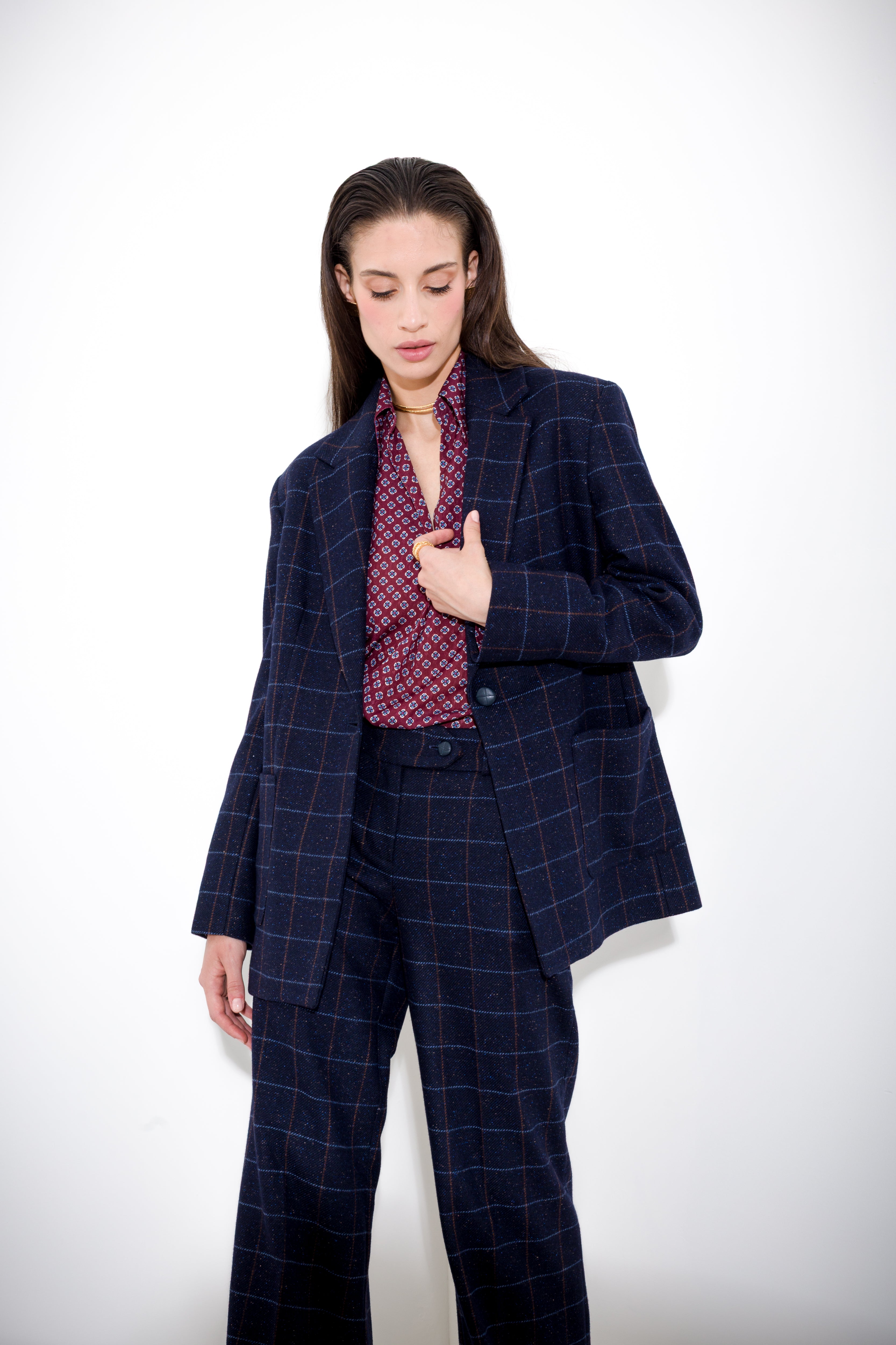 Single-breasted blazer in wool and silk check