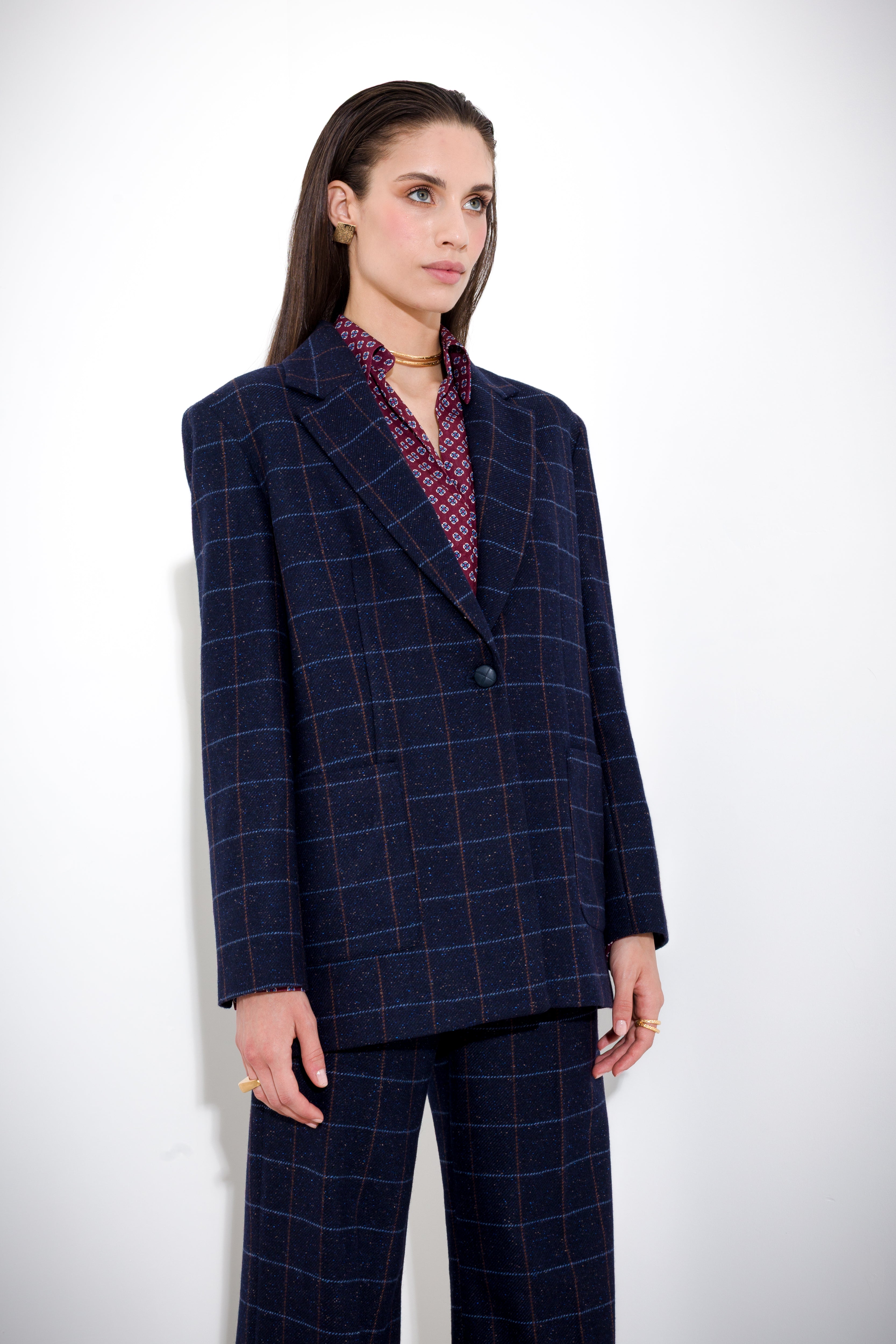 Single-breasted blazer in wool and silk check