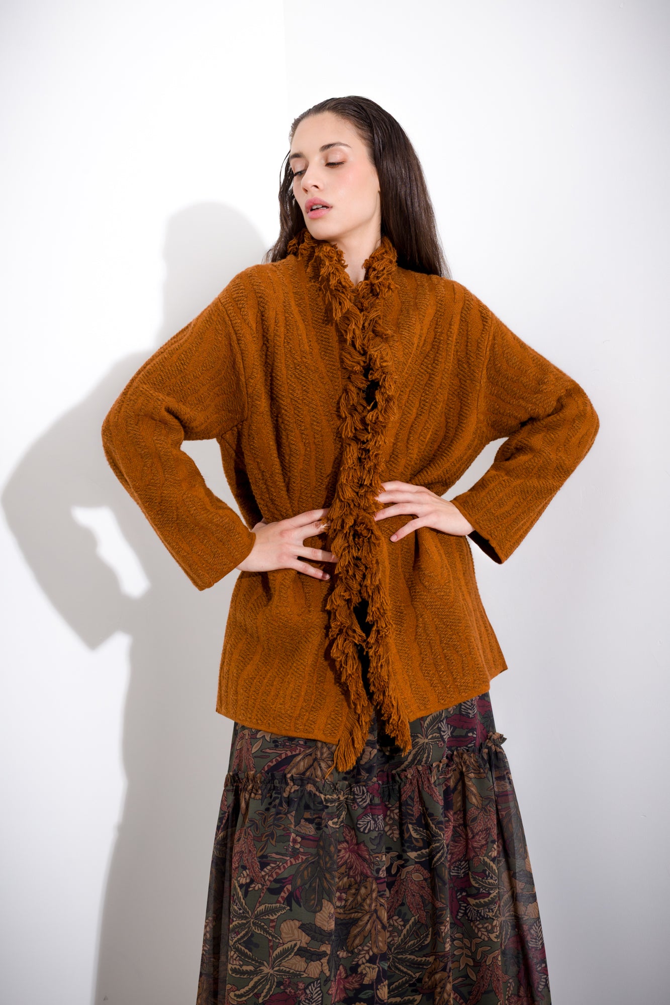 Woven coat with fringes