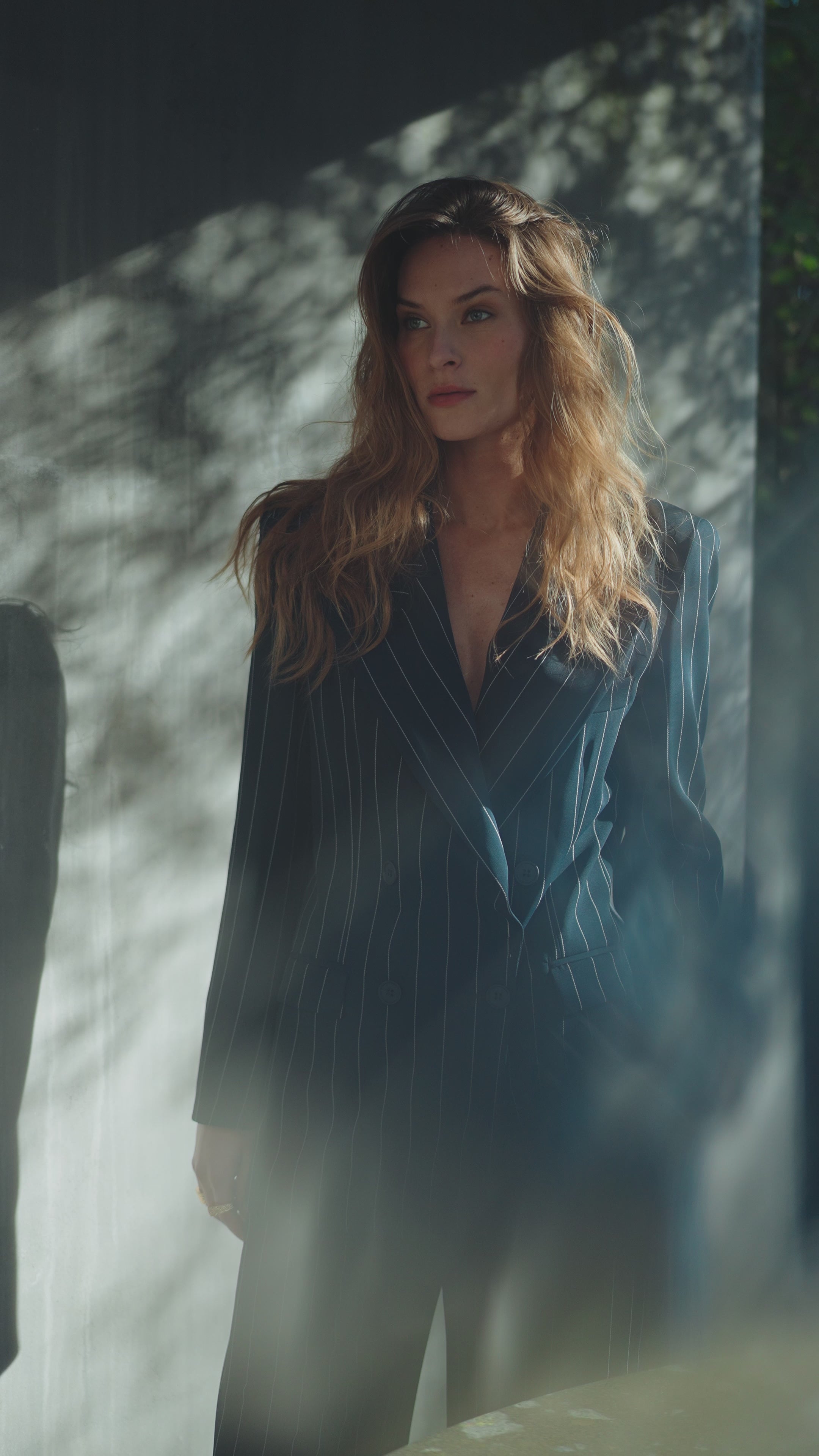 Double-breasted pinstriped blazer