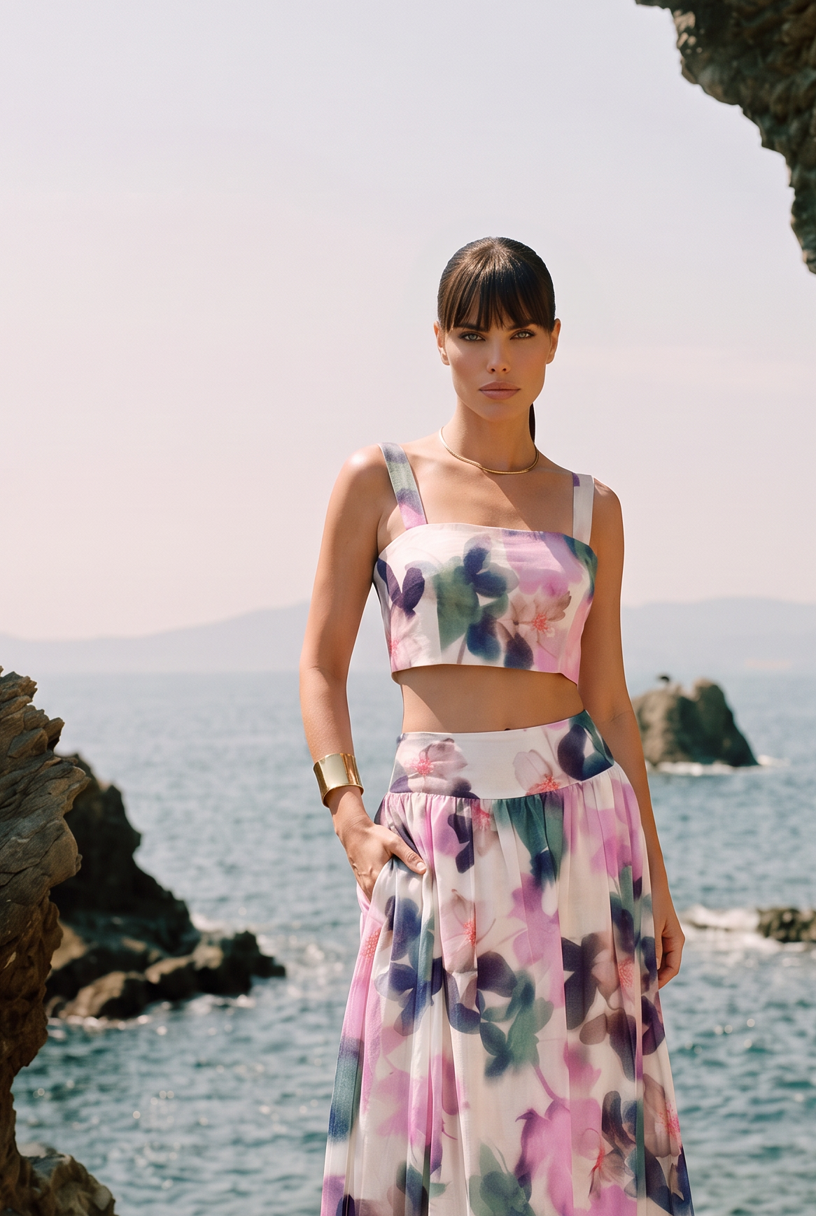 Crop top in mussola di cotone stampa fiori