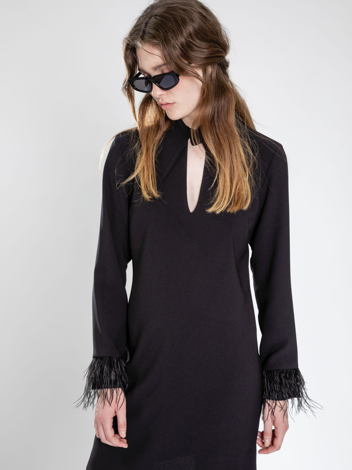 Short crepe dress with feather detailing