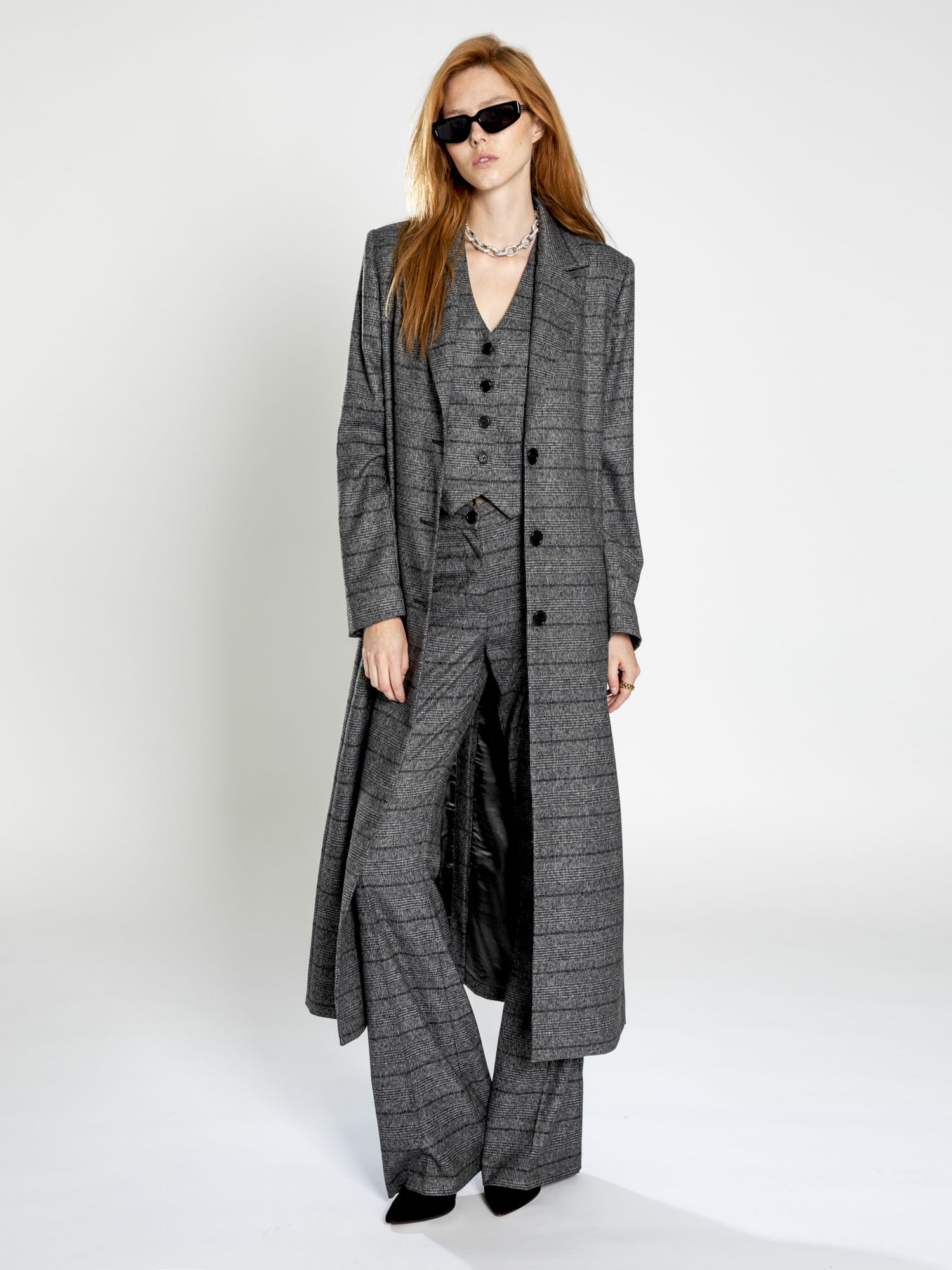 Cappotto lungo monopetto in tweed con fantasia pri